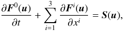 \begin{equation} \label{eq:claw} \frac{\partial \bF^{0}(\bu)}{\partial t} + \sum_{i=1}^3 \frac{\partial \bF^{i}(\bu)}{\partial x^i} = \bS(\bu), \end{equation}