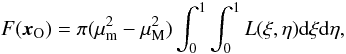 \begin{equation} F({\vec{x}_{\rm O}})=\pi (\mu^2_{\rm m}-\mu_{\rm M}^2) \int_0^1 \int_0^1 L(\xi,\eta) {\rm d}\xi {\rm d}\eta, \label{irradiance4_eq} \end{equation}