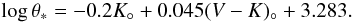 \begin{equation} \log \ThS = -0.2 \Ko + 0.045 \VKo + 3.283. \label{eq:SBVK} \end{equation}