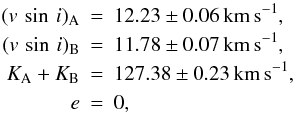 \begin{eqnarray} (v\,\sin\,i)_{\rm A} &=& 12.23\pm{}0.06\,{\rm km\,s^{-1}}, \nonumber \\ (v\,\sin\,i)_{\rm B} &=& 11.78\pm{}0.07\,{\rm km\,s^{-1}}, \nonumber \\ K_{\rm A} + K_{\rm B} &=& 127.38 \pm 0.23\,{\rm km\,s^{-1}}, \nonumber \\ e&=&0,\nonumber \end{eqnarray}