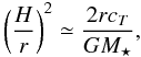 \begin{equation} \left(\frac{H}{r}\right)^2 \simeq \frac{2rc_T}{ G M_\star}, \end{equation}
