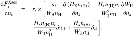 \appendix \setcounter{section}{1} \begin{eqnarray} \frac{{\rm d}F_i^{\rm Xsec}}{{\rm d}n_k} &=& -r_i \times \left[ \frac{n_i}{W_{\rm H}n_{\rm H}}\frac{\partial \left( H_{\rm X}\ntot\right)}{\partial n_k} - \frac{H_{\rm x}\ntot n_i}{W_{\rm H}^2n_{\rm H}}\frac{\partial W_{\rm H}}{\partial n_k} \right.\nonumber\\ & & \left. - \frac{H_{\rm x}\ntot n_i}{W_{\rm H}n_{\rm H}^2}\delta_{{\rm H},k}+ \frac{H_{\rm x}\ntot}{W_{\rm H}n_{\rm H}}\delta_{ik} \right]. \label{big} \end{eqnarray}