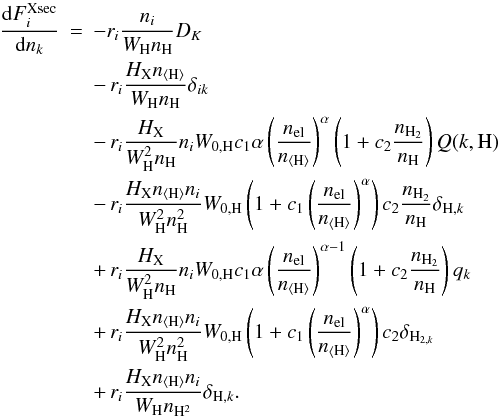 \appendix \setcounter{section}{1} \begin{eqnarray} \frac{{\rm d}F_i^{\rm Xsec}}{{\rm d}n_k} &=& -r_i \frac{n_i}{W_{\rm H}n_{\rm H}}D_K \nonumber\\ &&- \, r_i \frac{H_{\rm X}\ntot}{W_{\rm H}n_{\rm H}}\delta_{ik} \nonumber\\ &&- \, r_i \frac{H_{\rm X}}{W^2_{\rm H}n_{\rm H}}n_iW_{0,{\rm H}}c_1\alpha \left(\frac{n_{\rm el}}{\ntot}\right)^{\alpha} \left( 1+c_2\frac{n_{\rm H_2}}{n_{\rm H}}\right) Q(k,{\rm H}) \nonumber\\ &&- \, r_i \frac{H_{\rm X}\ntot n_i}{W^2_{\rm H}n_{\rm H}^2} W_{0,{\rm H}}\left(1+c_1\left(\frac{n_{\rm el}}{\ntot}\right)^{\alpha}\right)c_2\frac{n_{\rm H_2}}{n_{\rm H}}\delta_{{\rm H},k} \nonumber\\ &&+ \, r_i \frac{H_{\rm X}}{W^2_{\rm H}n_{\rm H}}n_iW_{0,{\rm H}}c_1\alpha \left(\frac{n_{\rm el}}{\ntot}\right)^{\alpha-1} \left( 1+c_2\frac{n_{\rm H_2}}{n_{\rm H}}\right) q_k \nonumber\\ &&+ \, r_i \frac{H_{\rm X}\ntot n_i}{W^2_{\rm H}n_{\rm H}^2} W_{0,{\rm H}}\left(1+c_1\left(\frac{n_{\rm el}}{\ntot}\right)^{\alpha}\right)c_2\delta_{{\rm H}_{2,k}} \nonumber\\ &&+ \, r_i \frac{H_{\rm X}\ntot n_i}{W_{\rm H}n_{\rm H^2}}\delta_{{\rm H},k}. \label{WfullH} \end{eqnarray}