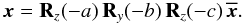 \begin{equation} \label{rotation-def-inverse} \vec{x}={\bf R}_z(-a)\,{\bf R}_y(-b)\,{\bf R}_z(-c)\,\overline{\vec{x}}. \end{equation}
