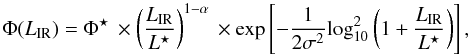 \begin{equation} \label{eq:lf} \Phi(L_{\rm IR}) = \Phi^\star \, \times \left( \frac{L_{\rm IR}}{L^\star} \right)^{1-\alpha} \, \times \exp \left[ -\frac{1}{2\sigma^2} {\rm log}_{10}^2 \left(1+\frac{L_{\rm IR}}{L^\star}\right) \right], \end{equation}