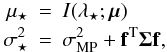 \begin{eqnarray} \mu_\star &=& I(\lambda_\star;\mubold) \nonumber \\ \sigma_\star^2 &=& \sigma_\mathrm{MP}^2 + \mathbf{f}^{\rm T} \Sigmabold \mathbf{f}, \label{eq:predictive} \end{eqnarray}