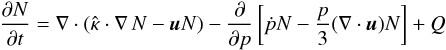 \begin{eqnarray} \displaystyle \frac{\partial N}{\partial t} = \nabla\cdot\left(\hat{\kappa}\cdot\nabla\, N - \vec{u} N \right) - \frac{\partial}{\partial p}\left[\dot{p} N - \frac{p}{3}(\nabla\cdot\vec{u}) N \right] + Q \label{tp1} \end{eqnarray}
