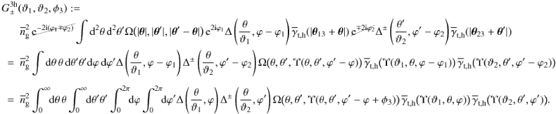 \begin{eqnarray} \nonumber \lefteqn{G_\pm^{\rm 3h}(\vartheta_1,\vartheta_2,\phi_3):=} \\\nonumber &&\overline{n}_{\rm g}^2\,{\e^{-2\i(\varphi_1\mp\varphi_2)}} \int\d^2\theta\,\d^2\theta^\prime \Omega\big( |\vec{\theta}|, |\vec{\theta}^\prime|, |\vec{\theta}^\prime-\vec{\theta}|\big) \,{\e^{2\i\varphi_1}} \Delta\left(\frac{\theta}{\vartheta_1},\varphi-\varphi_1\right) \overline{\gamma}_{\rm t,h}(|\vec{\theta}_{13}+\vec{\theta}|) \,{\e^{\mp2\i\varphi_2}} \Delta^\pm\left(\frac{\theta^\prime}{\vartheta_2},\varphi^\prime-\varphi_2\right) \overline{\gamma}_{\rm t,h}(|\vec{\theta}_{23}+\vec{\theta}^\prime|)\\ &=&\nonumber \overline{n}_{\rm g}^2 \int\d\theta\,\theta\,\d\theta^\prime\theta^\prime\d\varphi\,\d\varphi^\prime \Delta\left(\frac{\theta}{\vartheta_1},\varphi-\varphi_1\right) \Delta^\pm\left(\frac{\theta}{\vartheta_2},\varphi^\prime-\varphi_2\right) \Omega\big(\theta, \theta^\prime,\Upsilon(\theta,\theta^\prime,\varphi^\prime-\varphi)\big) \,\overline{\gamma}_{\rm t,h}\big(\Upsilon(\vartheta_1,\theta,\varphi-\varphi_1)\big) \,\overline{\gamma}_{\rm t,h}\big(\Upsilon(\vartheta_2,\theta^\prime,\varphi^\prime-\varphi_2)\big)\\\nonumber\\ &=& \label{eq:gpm3h} \overline{n}_{\rm g}^2 \int_0^\infty\!\!\d\theta\,\theta\int_0^\infty\!\!\d\theta^\prime\theta^\prime \int_0^{2\pi}\!\!\d\varphi\int_0^{2\pi}\!\!\d\varphi^\prime \Delta\left(\frac{\theta}{\vartheta_1},\varphi\right) \Delta^\pm\left(\frac{\theta}{\vartheta_2},\varphi^\prime\right) \Omega\big(\theta,\theta^\prime, \Upsilon(\theta,\theta^\prime,\varphi^\prime-\varphi+\phi_3)\big) \,\overline{\gamma}_{\rm t,h}\big(\Upsilon(\vartheta_1,\theta,\varphi)\big) \,\overline{\gamma}_{\rm t,h}\big(\Upsilon(\vartheta_2,\theta^\prime,\varphi^\prime)\big). \end{eqnarray}