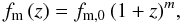 \begin{equation} f_{\rm m}\,(z) = f_{\rm m,0}\,(1+z)^{m}, \label{ffzeq} \end{equation}