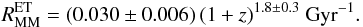 \begin{equation} R_{\rm MM}^{\rm ET} = (0.030 \pm 0.006)\,(1+z)^{1.8 \pm 0.3}\ {\rm Gyr}^{-1}.\label{rMMet} \end{equation}