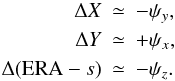 \begin{eqnarray} \label{eq-shortterm} \Delta X &\simeq& -\psi_y, \nonumber \\ \Delta Y &\simeq& +\psi_x, \\ \Delta({\rm ERA}-s) &\simeq& -\psi_z.\nonumber \end{eqnarray}