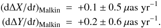 \begin{eqnarray} \label{malkin} \left({\rm d}\Delta X/{\rm d}t\right)_{\rm Malkin}& = &+0.1 \pm 0.5~\rm{\mu as\ yr^{-1}}\nonumber \\ \left({\rm d}\Delta Y/{\rm d}t\right)_{\rm Malkin} &= &+0.2 \pm 0.6~\rm{\mu as\ yr^{-1}}. \end{eqnarray}