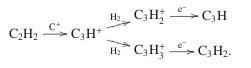 \begin{equation*} \xymatrixrowsep{-0.1cm} \xymatrixcolsep{0.6cm} \hskip-9mm\xymatrix{ & & & \chem{C_3H^+_2} \ar[r]^{\tiny \chem{e^{-}}} & \CCCH\\ & \CCHH \ar[r]^{\tiny \Cp} & \CCCHp \ar[ru]^{\tiny \HH} \ar[rd]_{\tiny \HH} & & \\ & & & \CCCHHHp \ar[r]^{\tiny \chem{e^{-}}} & \CCCHH.} \end{equation*}