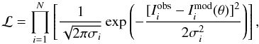 \appendix \setcounter{section}{1} \begin{equation} \likelihood = \prod_{i=1}^{N} \bracket{\frac{1}{\sqrt{2\pi\sigma_i}} \exp\paren{-\frac{[I^\emr{obs}_i-I^\emr{mod}_i(\theta)]^2}{2\sigma_i^2}}}, \end{equation}