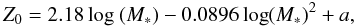 \begin{equation} \label{eq1} Z_{0}=2.18{\rm\,log}~(M_{\ast})-0.0896 {\rm\,log}(M_{\ast})^2+a, \end{equation}