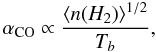 \begin{equation} \label{eq: alpha_co temperature} \alpha_{{\rm CO}}\propto\frac{\langle n(H_2)\rangle^{1/2}}{T_b}, \end{equation}