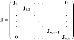 \begin{equation} {\bf J}= \left(\begin{array}{c c c c c} {\bf J}_{1,1}& & \begin{array}{c c c}.&.&.\end{array} & & 0 \\ &{\bf J}_{1,2}& & & \\ \begin{array}{c}.\\.\\.\end{array}& &\begin{array}{c c c}.&&\\&.&\\&&.\end{array}& & \begin{array}{c}.\\.\\.\end{array} \\ & & &{\bf J}_{n,m-1}& \\ 0 & &\begin{array}{c c c}.&.&.\end{array}& &{\bf J}_{n,m}\\ \end{array}\right) \end{equation}