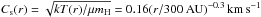 \hbox{$ C_{\rm s}(r) = \sqrt{k T(r)/\mu m_{\rm H}} = 0.16 (r/\linebreak 300~\mathrm{AU})^{-0.3}\,\mathrm{km\,s}^{-1}$}