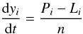 \begin{equation} \frac{{\rm d}y_i}{{\rm d}t} = \frac{P_i - L_i}{n} \label{eq-abundance-evolution} \end{equation}