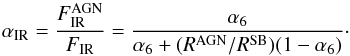 \begin{equation} \label{eq:alfaIR} \alpha_\mathrm{IR} = \dfrac{F_\mathrm{IR}^\mathrm{AGN}}{F_\mathrm{IR}} = \dfrac{\alfa}{\alfa + (\RAGN/\RSB)(1-\alfa)}\cdot \end{equation}