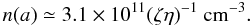 $$ n(a) \simeq 3.1 \times 10^{11} (\zeta \eta)^{-1}~{\rm cm^{-3}}. $$