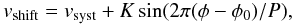 \begin{equation} \label{eqsin} v_{\rm shift} = v_{\rm syst}+K \sin (2 \pi (\phi-\phi_0)/P), \end{equation}