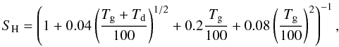 \begin{equation} \label{sticking} S_\mathrm{H}=\left(1+0.04\left(\frac{T_{\rm g}+T_{\rm d}}{100}\right)^{1/2}+0.2\frac{T_{\rm g}}{100}+0.08\left(\frac{T_{\rm g}}{100}\right)^2\right)^{-1} , \end{equation}