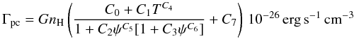 \begin{equation} \Gamma_\mathrm{pc}= G n_\mathrm{H}\left(\frac{C_0+C_1 T^{C_4}}{1+C_2\psi^{C_5}[1+C_3\psi^{C_6}]}+C_7\right)\,10^{-26}\,\mathrm{erg}\,\mathrm{s}^{-1}\,\mathrm{cm}^{-3}\label{PEHnew} \end{equation}