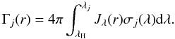 \begin{equation} \label{photo1} \Gamma_j(r)=4\pi\int_{\lambda_{\rm H}}^{\lambda_j}J_\lambda(r)\sigma_j(\lambda){\rm d}\lambda . \end{equation}