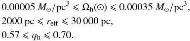 \begin{eqnarray*} && 0.00005~{M_{\sun}/{\rm pc}^3} \leqslant \Omega_{\rm{h}}({\sun}) \leqslant 0.00035~{M_{\sun}/{\rm pc}^3}, \\ && 2000~{\rm pc} \leqslant r_{\rm{eff}} \leqslant 30\,000~{\rm pc}, \\ && 0.57 \leqslant q_{\rm{h}} \leqslant 0.70. \end{eqnarray*}