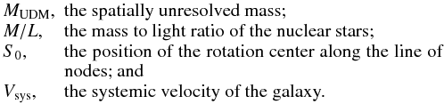 $$ \begin{array}{lp{0.8\linewidth}} \Mdark, &the spatially unresolved mass; \\ M/L, &the mass to light ratio of the nuclear stars;\\ S_0, &the position of the rotation center along the line of nodes; and\\ V_{\rm sys}, &the systemic velocity of the galaxy.\\ \end{array} $$