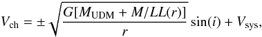 \begin{equation} V_{\rm ch}=\pm \sqrt{\frac{G[\Mdark+M/L L(r)]}{r}} \sin(i)+V_{\rm sys} , \label{1} \end{equation}