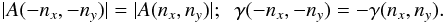 \begin{equation} \label{reality} |A(-n_x,-n_y)| = |A(n_x,n_y)| ; \;\; \gamma(-n_x,-n_y)=-\gamma(n_x,n_y) . \end{equation}