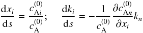 \begin{equation} \label{dxdsdkds} \frac{{\rm d}x_i}{{\rm d}s}= \frac{c_{{\rm A}i}^{(0)}}{c_{\rm A}^{(0)}} ; \;\;\;\; \frac{{\rm d}k_i}{{\rm d}s}= - \frac{1}{c_{\rm A}^{(0)}} \frac{\partial c_{{\rm A}n}^{(0)}}{\partial x_i} k_n \end{equation}