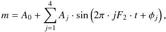 \begin{equation} m=A_{0}+\sum_{j=1}^{4} A_{j} \cdot \sin\left(2\pi \cdot jF_{2} \cdot t + \phi_{j}\right), \end{equation}