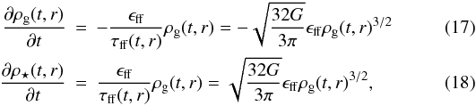 \begin{eqnarray} \label{eq:mgdif} \frac{\partial \rho_{\rm g}(t,r)}{\partial t} &=& -\frac{\eff}{\tff(t,r)} \rho_{\rm g}(t,r)=-\sqrt{\frac{32G}{3\pi}} \eff \rho_{\rm g}(t,r)^{3/2} \\ \label{eq:mstdif} \frac{\partial \rhost(t,r)}{\partial t} &=& \frac{\eff}{\tff(t,r)} \rho_{\rm g}(t,r)=\sqrt{\frac{32G}{3\pi}} \eff \rho_{\rm g}(t,r)^{3/2}, \end{eqnarray}