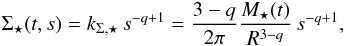 \begin{equation} \Sigst(t,s) = k_{\Sigma, \star} \, s^{-q + 1} = \frac{3-q}{2 \pi} \frac{M_{\star}(t)}{R^{3-q}} \, s^{-q+1}, \label{eq:sigst} \end{equation}