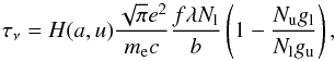 \appendix \setcounter{section}{1} \begin{equation} \tau_{\nu} = H(a,u) \frac{\sqrt{\pi} e^2}{m_{\rm e} c} \frac{f \lambda N_{\rm l}}{b} \left( 1 - \frac{N_{\rm u} g_{\rm l}}{N_{\rm l} g_{\rm u}} \right),\vspace*{3mm} \end{equation}