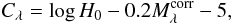 \begin{equation} \label{eq:hubble:03} C_{\lambda} = \log H_{0} - 0.2 M_{\lambda}^\mathrm{corr} -5, \end{equation}