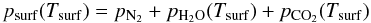 \begin{equation} \label{dynamicpress} p_{\rm{surf}}(T_{\rm{surf}})=p_{\rm{N_{2}}}+p_{\rm{H_2O}}(T_{\rm{surf}})+p_{\rm{CO_2}}(T_{\rm{surf}}) \end{equation}