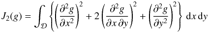 \begin{equation} \label{eq:TPS spline partials}J_2(g)=\int_\mathcal{D}\left\{\left(\frac{\partial ^2g}{\partial x^2}\right)^2+2\left(\frac{\partial ^2g}{\partial x\,\partial y}\right)^2+\left(\frac{\partial ^2g}{\partial y^2}\right)^2\right\}\,{\rm d}x\,{\rm d}y \end{equation}