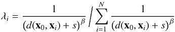 \begin{equation} \label{eq:IDW weights smoothing} \lambda_i=\frac{1}{{\big(d({\vec x}_0,{\vec x}_i) + s}\big)^{\, \beta}}\, \bigg/ \sum_{i=1}^N {\frac{1}{{\big(d({\vec x}_0,{\vec x}_i) + s}\big)^{\,\beta} } } \end{equation}
