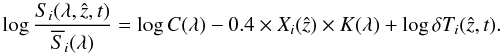 \begin{equation} \label{eq:multi-standard-1} \log \frac{S_{i} (\lambda, \hat{z}, t)}{\overline{S}_{i} (\lambda)} = \log C(\lambda) - 0.4 \times X_{i}(\hat{z}) \times K(\lambda) + \log \delta T_{i}(\hat{z}, t). \end{equation}