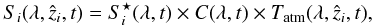 \begin{equation} \label{eq:formalism-1} S_{i}(\lambda, \hat{z}_{i}, t) = S^{\star}_{i}(\lambda, t) \times C(\lambda, t) \times T_{\atm}(\lambda, \hat{z}_{i}, t), \end{equation}