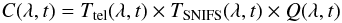 \begin{equation} \label{eq:formalism-2} C(\lambda, t) = T_{\rm tel}(\lambda, t) \times T_{\rm SNIFS}(\lambda, t) \times Q(\lambda, t) \end{equation}