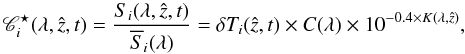 \begin{equation} \label{eq:telluric-2} \mathscr{C}^{\star}_{i}(\lambda, \hat{z}, t) = \frac{S_{i}(\lambda, \hat{z}, t)}{\overline{S}_{i}(\lambda)} = \delta T_{i}(\hat{z}, t) \times C(\lambda) \times 10^{-0.4 \times K(\lambda, \hat{z})}, \end{equation}