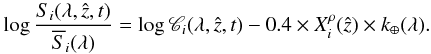 \begin{equation} \label{eq:telluric-3} \log \frac{S_{i} (\lambda, \hat{z}, t)}{\overline{S}_{i}(\lambda)} = \log \mathscr{C}_{i}(\lambda, \hat{z}, t) - 0.4 \times X_{i}^{\rho}(\hat{z}) \times k_{\oplus}(\lambda). \end{equation}