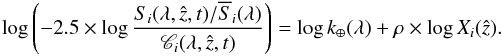 \begin{equation} \label{eq:telluric-4} \log \left( -2.5 \times \log \frac{S_{i}(\lambda, \hat{z}, t)/\overline{S}_{i}(\lambda)}{ \mathscr{C}_{i}(\lambda, \hat{z}, t)} \right) = \log k_{\oplus}(\lambda) + \rho \times \log X_{i}(\hat{z}). \end{equation}
