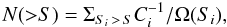 \begin{equation} N({>}S) = \Sigma_{S_i\,>\,S} C_i^{-1}/\Omega(S_i) , \label{lnls} \end{equation}