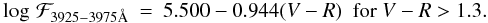 \begin{eqnarray} \label{linsky_f2} \log\, \mathcal{F}_{3925-3975 \rm{\AA}} & = & 5.500-0.944(V-R)~~\textnormal{for}~V-R>1.3. \end{eqnarray}